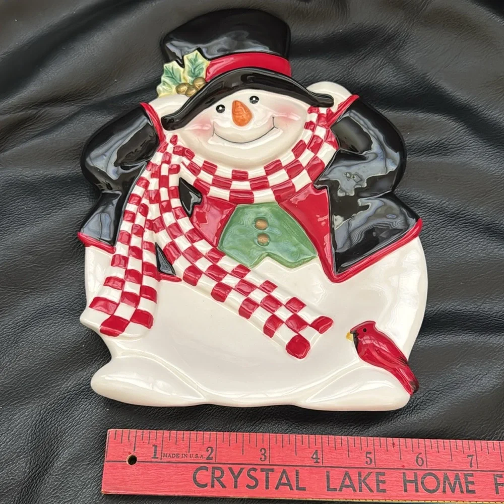 Fitz and Floyd Holly Jolly Snowman Plate with Red Checked Scarf from 2004